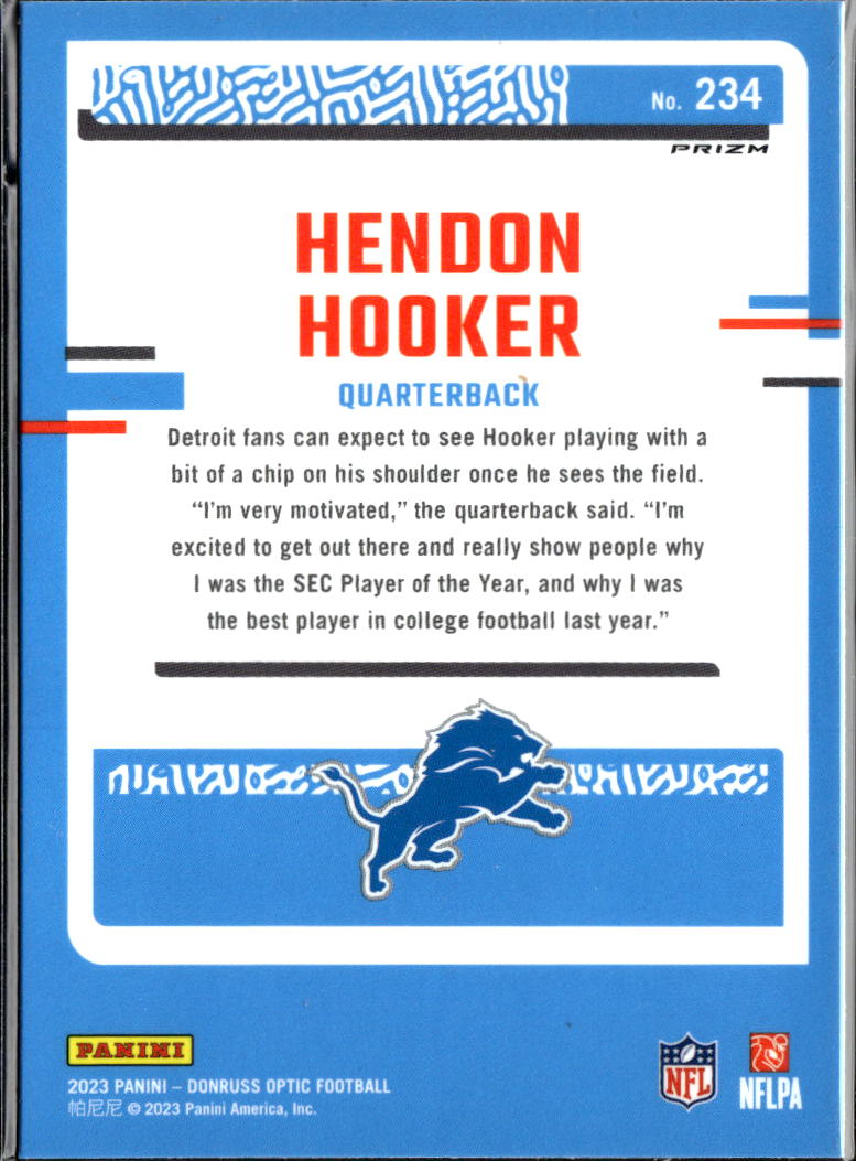 Hendon Hooker 2023 Optic Rated Rookie Blue Hyper RC Detroit Lions