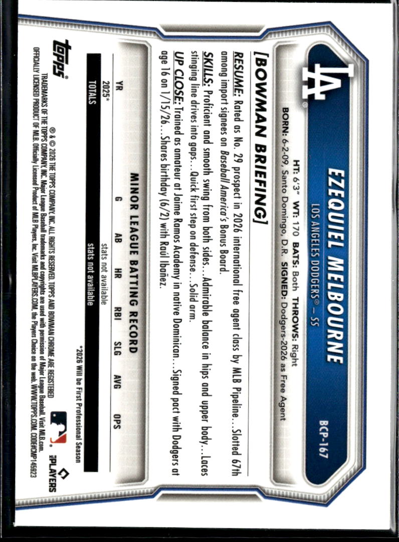 Ezequiel Melbourne 2026 Bowman Chrome 1st Purple Pulsar /250 Los Angeles Dodgers