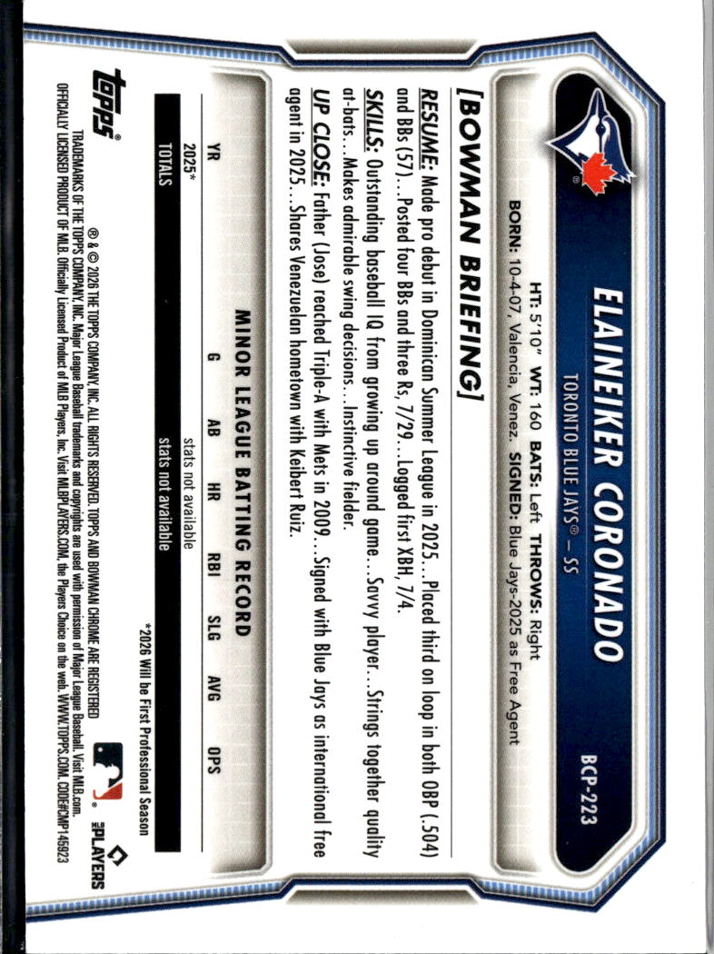 Elaineiker Coronado 2026 Bowman Chrome 1st Fuchsia Shimmer /199 Blue Jays