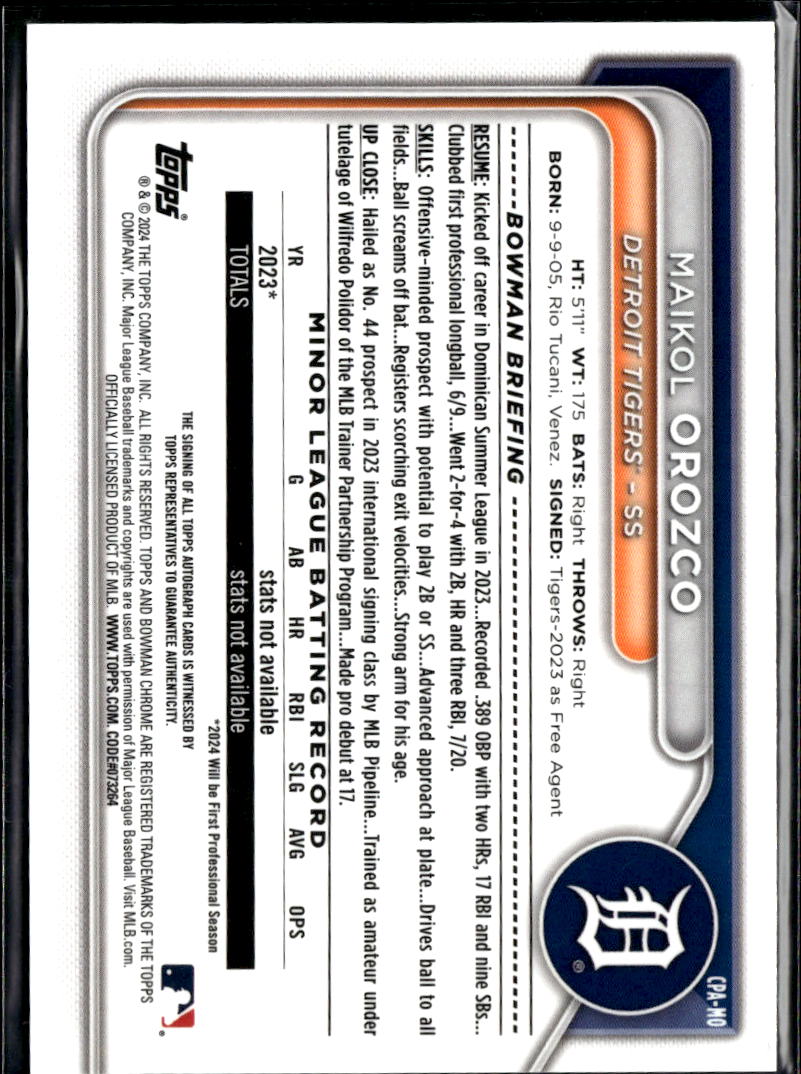 Maikol Orozco 2024 Bowman Chrome 1st Auto Autograph 34/299 Detroit Tigers