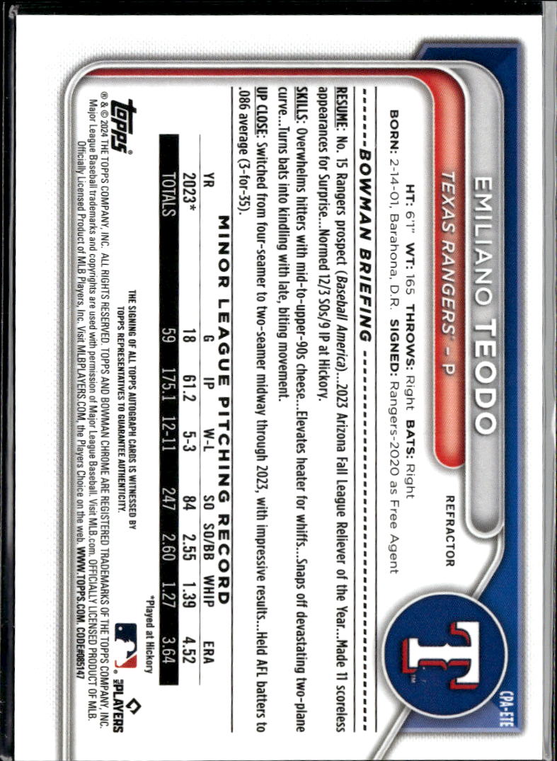 Emiliano Teodo 2024 Bowman Chrome 1st Auto Autograph /499 Texas Rangers