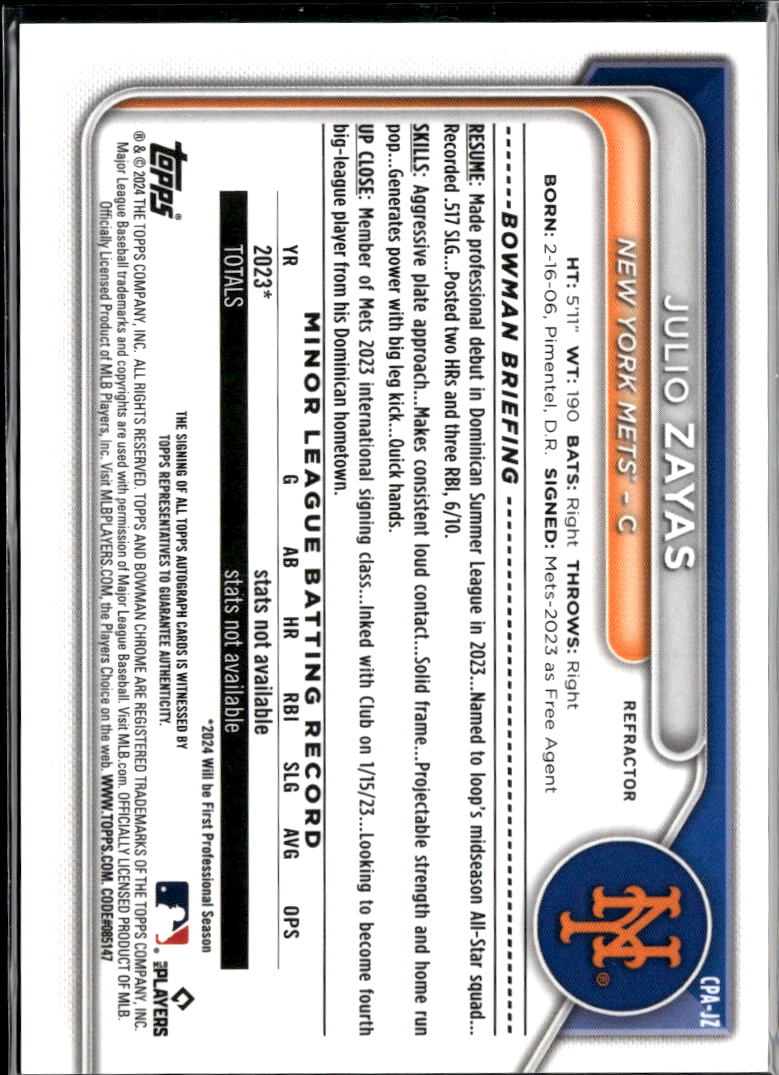 Julio Zayas 2024 Bowman Chrome 1st Auto Autograph 245/499 New York Mets