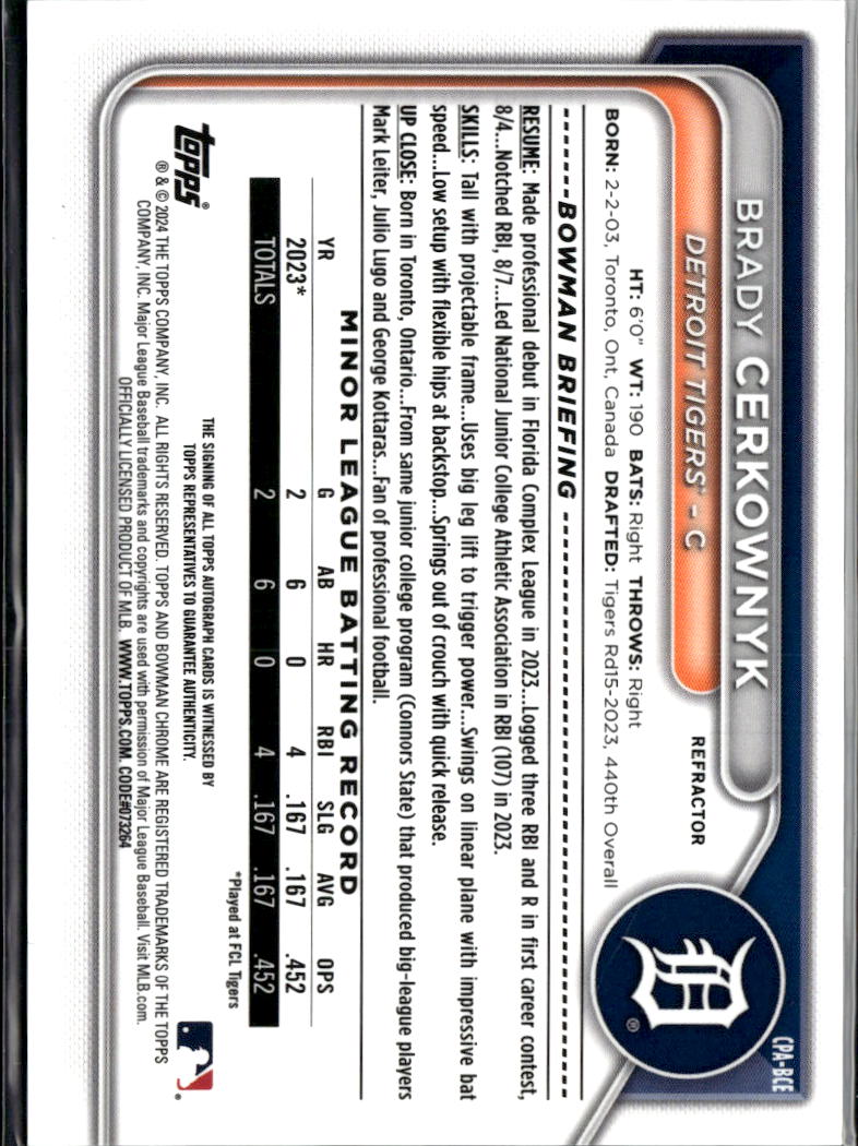 Brady Cerkownyk 2024 Bowman Chrome 1st Auto Autograph 358/499 Detroit Tigers
