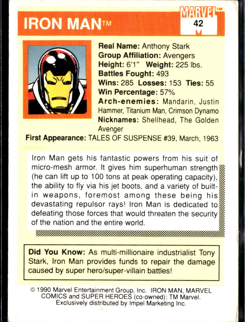 Iron Man 1990 Marvel Comics Super Heroes Impel #42