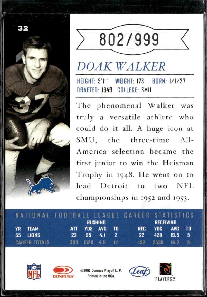 Doak Walker 2003 Leaf Rookies & Stars /999 Detroit Lions
