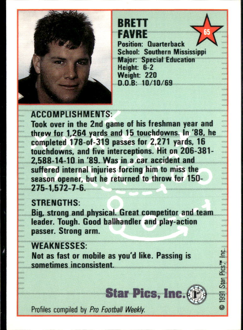 Brett Favre 1991 Star Pics Rookie RC Packers Southern Miss Golden Eagles