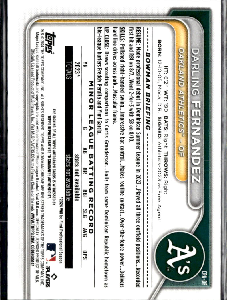 Darling Fernandez 2024 Bowman Chrome 1st Auto Autograph 95/99 Oakland Athletics