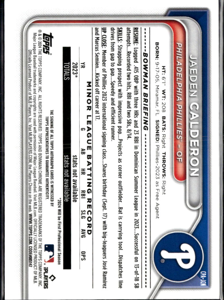 Jaeden Calderon 2024 Bowman Chrome 1st Auto Autograph 31/99 Phillies