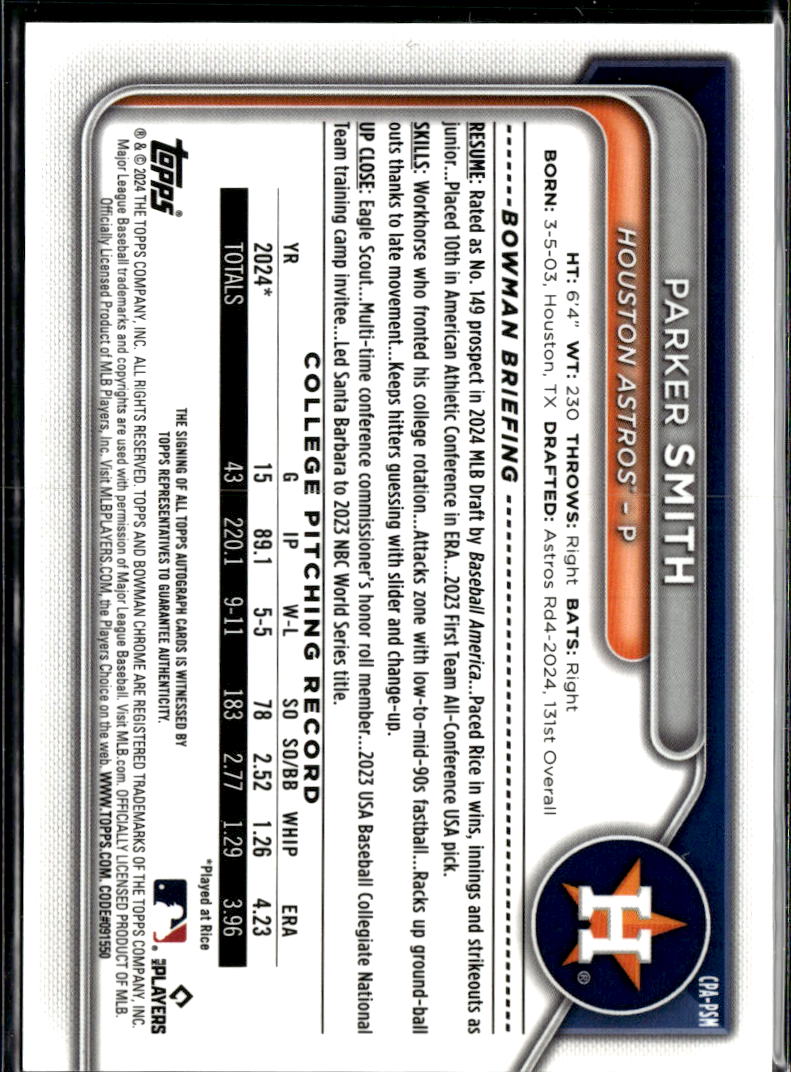 Parker Smith 2024 Bowman Chrome 1st Auto Autograph 115/150 Houston Astros