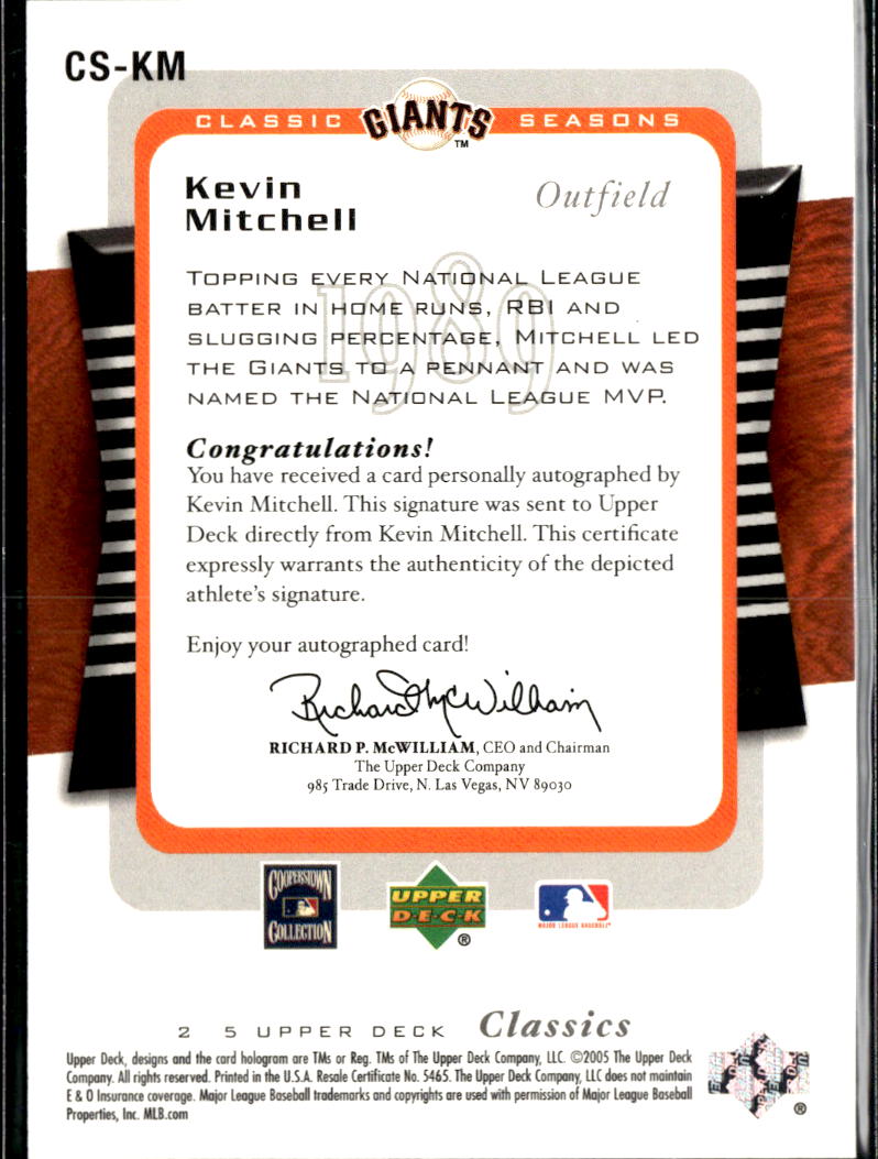 Kevin Mitchell 2005 Upper Deck Classics Auto Autograph San Francisco Giants