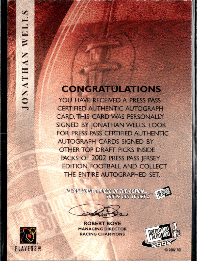 Jonathan Wells 2002 Press Pass Auto Autograph RC Rookie Ohio State Buckeyes