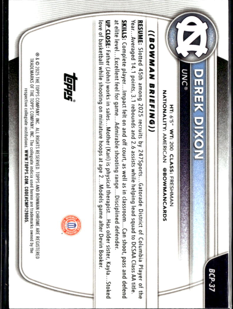 Derek Dixon 2025 Bowman Chrome 1st Mini Diamond RC North Carolina Tar Heels