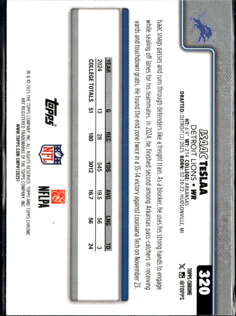 Isaac TeSlaa 2025 Topps Chrome Prism Refractor Rookie RC Detroit Lions