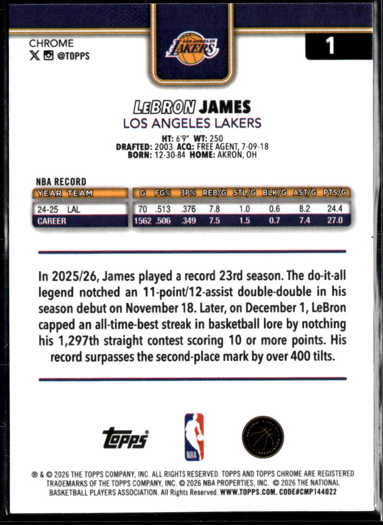 LeBron James 2026 Topps Chrome Card #1 Los Angeles Lakers