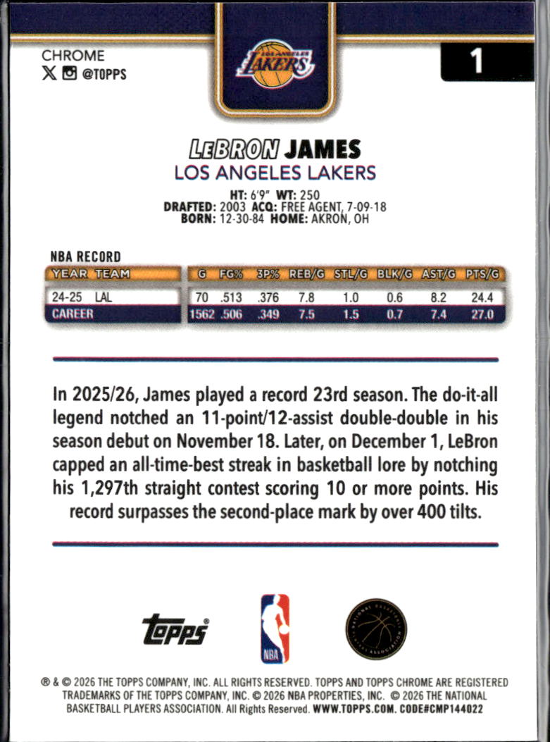 LeBron James 2026 Topps Chrome Card #1 Los Angeles Lakers