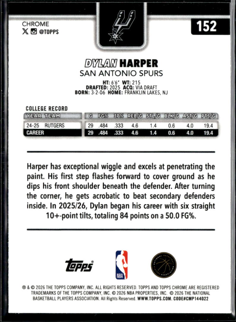Dylan Harper 2026 Topps Chrome RC Rookie San Antonio Spurs