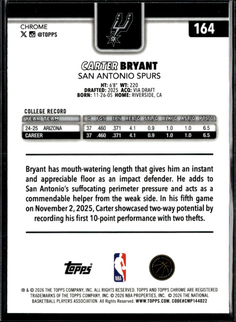 Carter Bryant 2026 Topps Chrome Rookie RC San Antonio Spurs