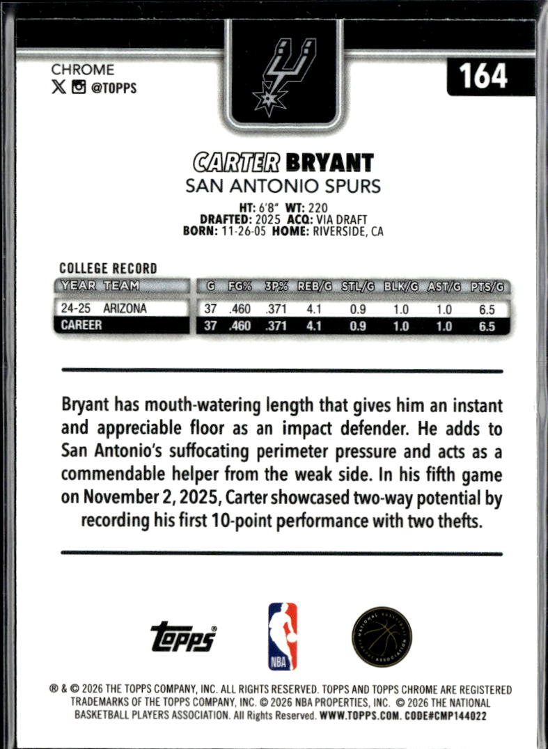 Carter Bryant 2026 Topps Chrome Rookie RC San Antonio Spurs