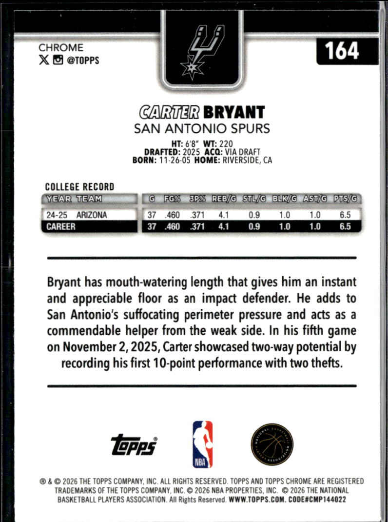 Carter Bryant 2026 Topps Chrome Rookie RC San Antonio Spurs