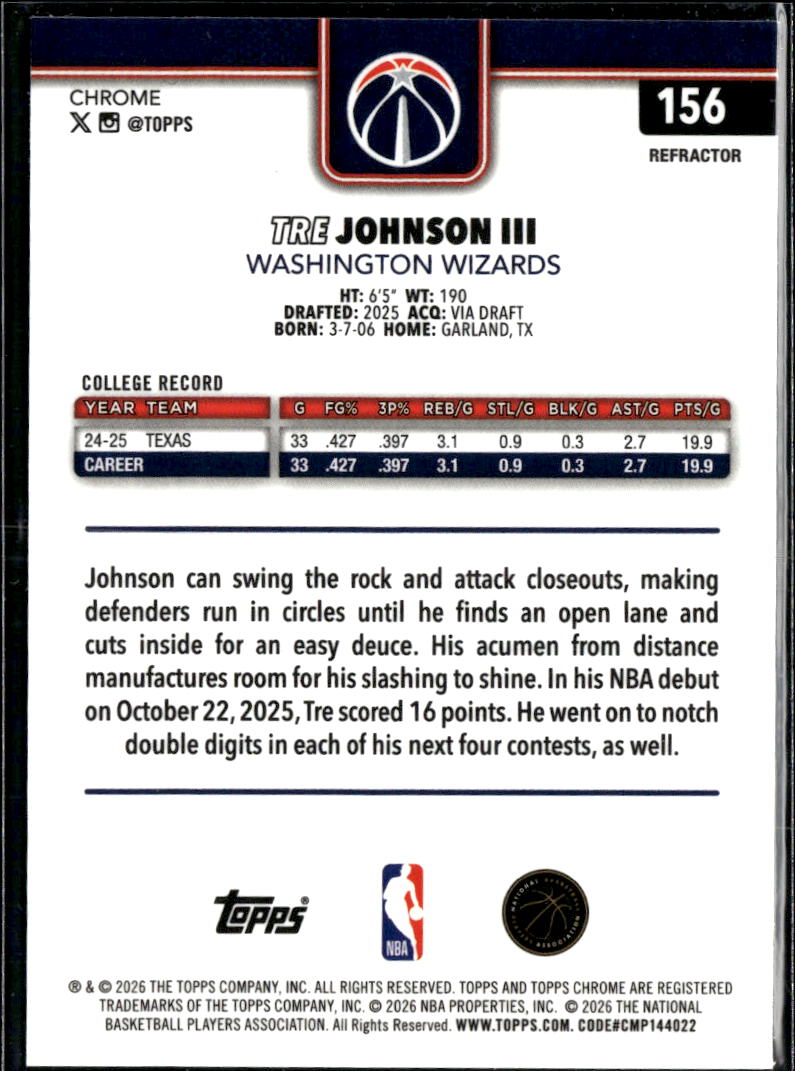 Tre Johnson III 2026 Topps Chrome Rookie RC Refractor Washington Wizards