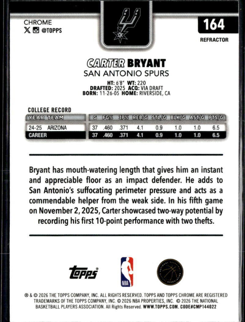 Carter Bryant 2026 Topps Chrome Rookie RC Refractor San Antonio Spurs