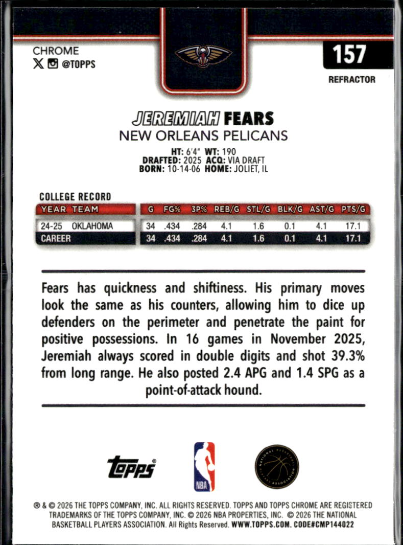 Jeremiah Fears 2026 Topps Chrome Rookie RC Refractor New Orleans Pelicans
