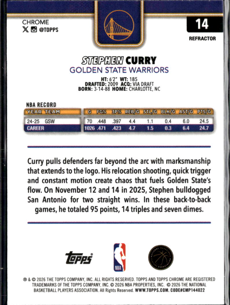 Stephen Curry 2026 Topps Chrome Refractor Golden State Warriors