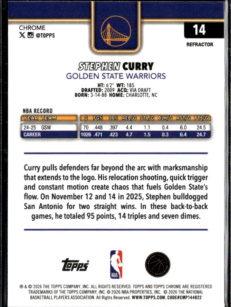 Stephen Curry 2026 Topps Chrome Refractor Golden State Warriors