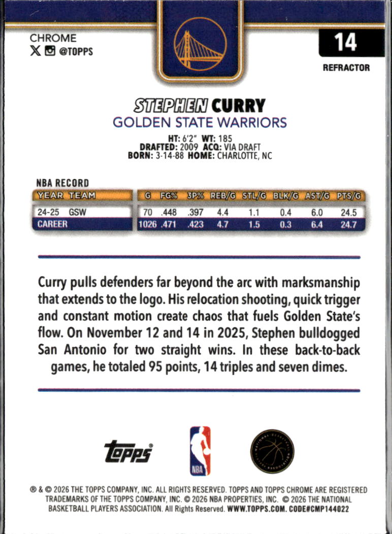 Stephen Curry 2026 Topps Chrome Refractor Golden State Warriors