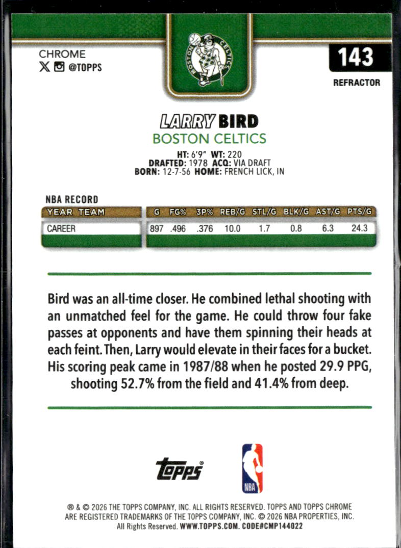 Larry Bird 2026 Topps Chrome Refractor Boston Celtics