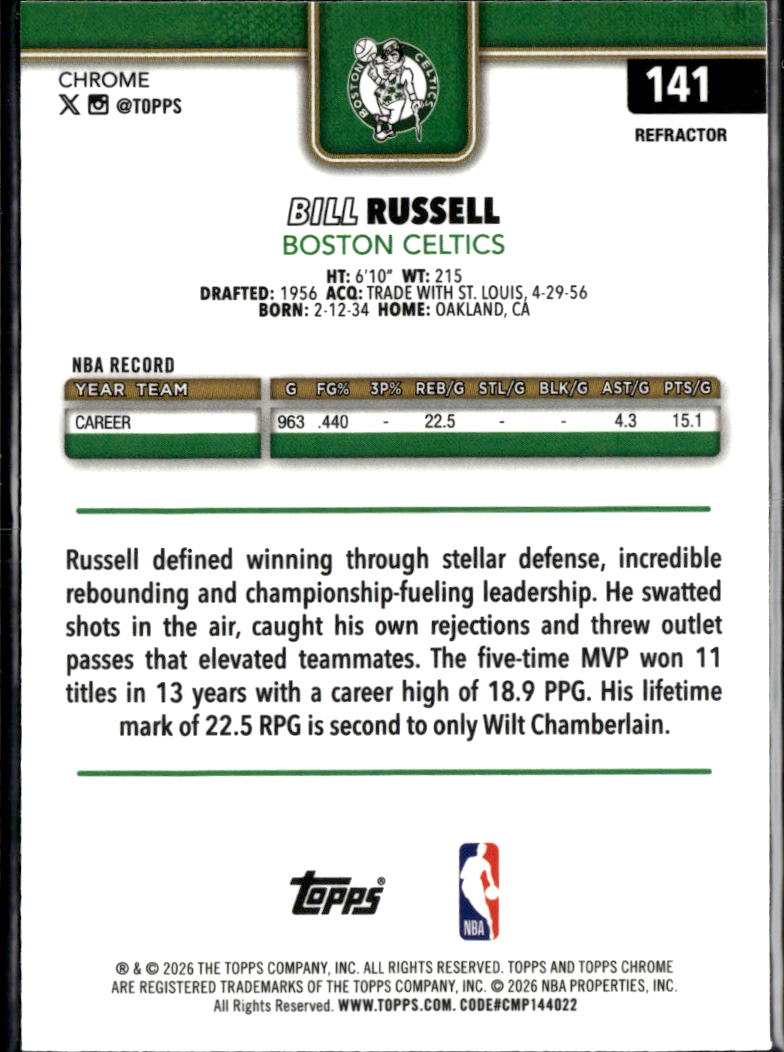 Bill Russell 2026 Topps Chrome Refractor Boston Celtics