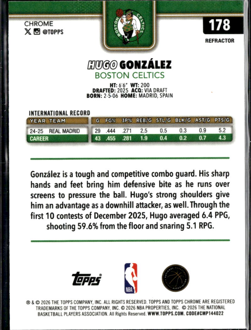 Hugo González 2026 Topps Chrome RC Rookie Refractor Boston Celtics