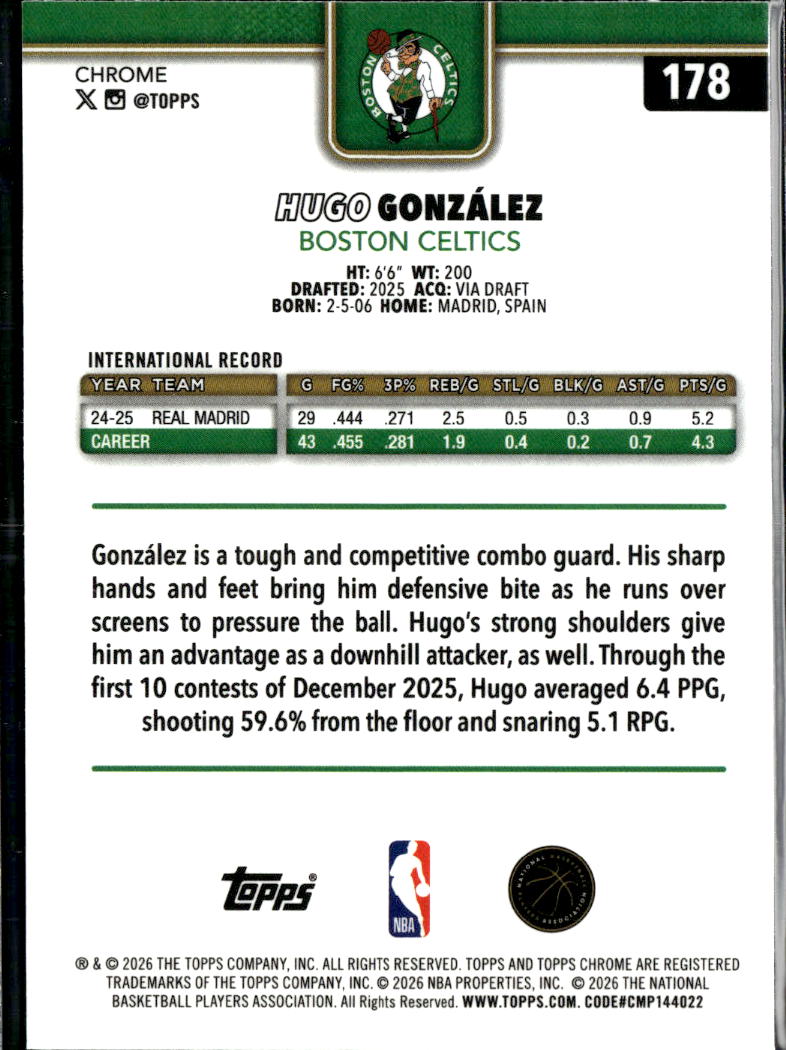 Hugo Gonzalez 2026 Topps Chrome Rookie RC Boston Celtics