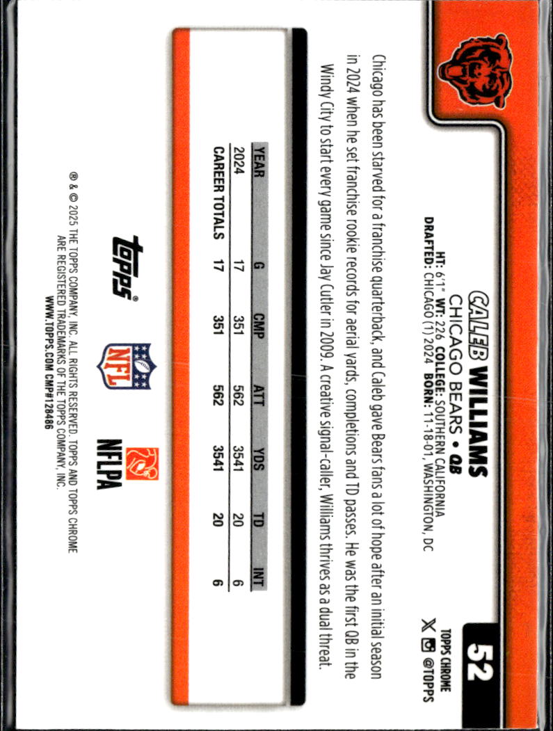 Caleb Williams 2025 Topps Chrome Image Variation SSP Refractor Chicago Bears