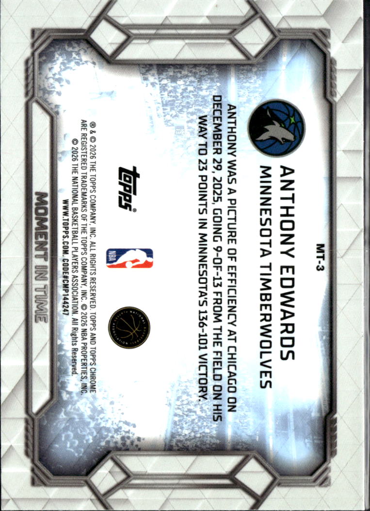 Anthony Edwards 2026 Topps Chrome Moment in Time Minnesota Timberwolves