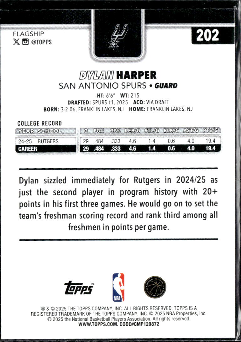 Dylan Harper 2025 Topps Flagship Rookie RC San Antonio Spurs