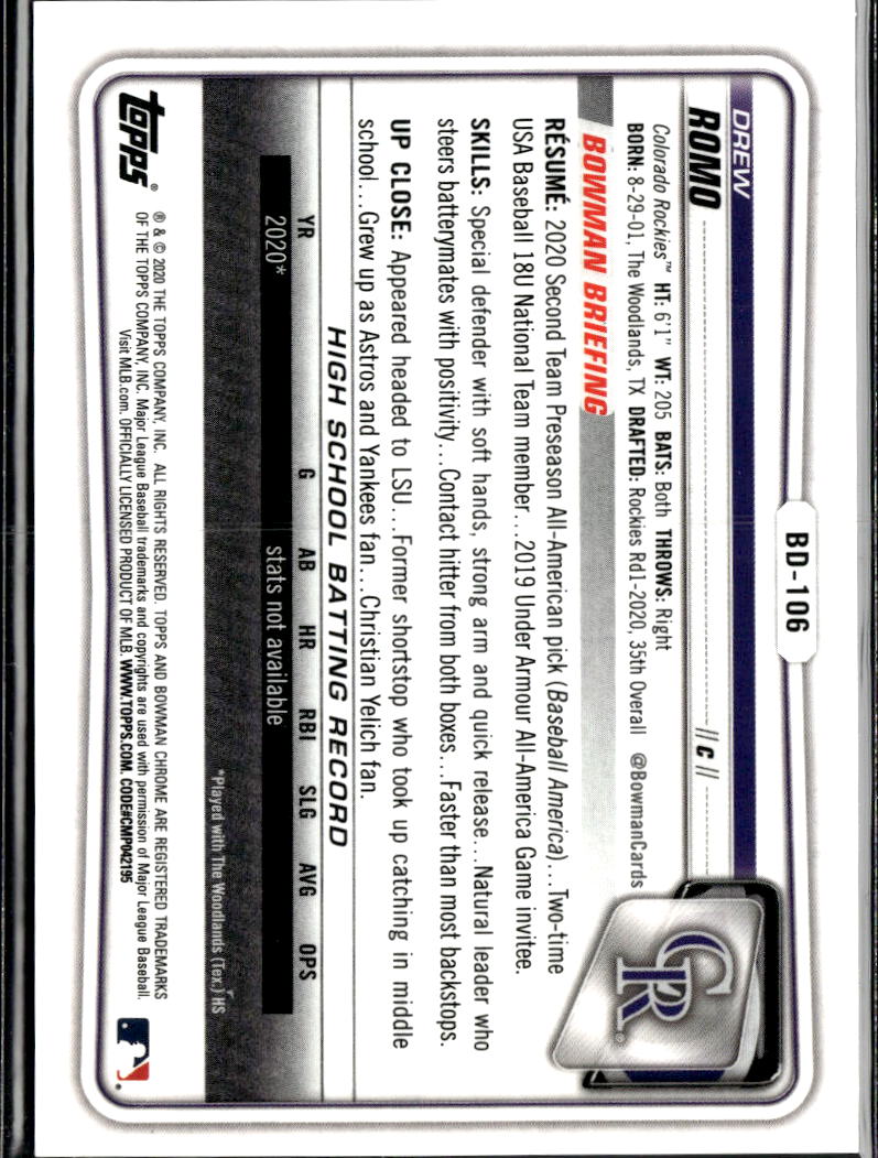 Drew Romo 2020 Bowman Chrome 1st Superfractor RC 1/1 Colorado Rockies