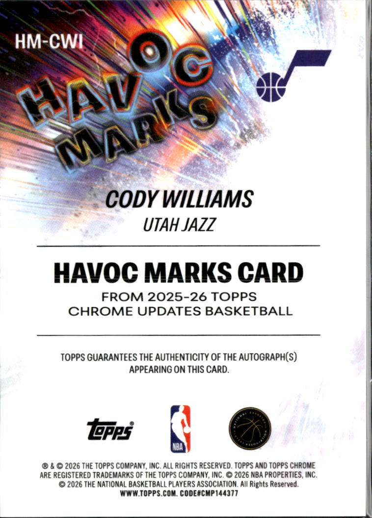 Cody Williams 2026 Topps Chrome Update Auto Autograph 74/75 Utah Jazz