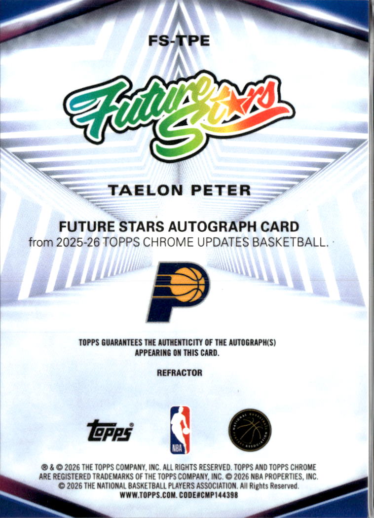 Taelon Peter 2026 Topps Chrome Update Auto Autograph Rookie RC Indiana Pacers