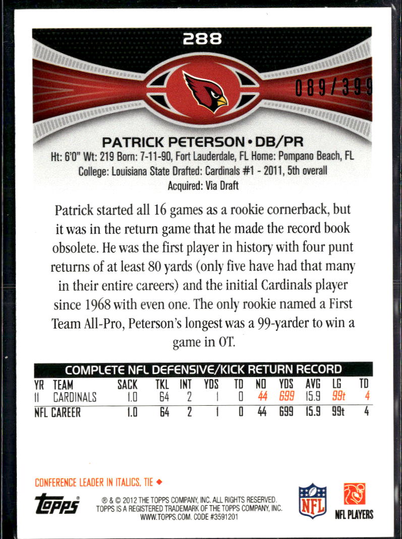 Patrick Peterson 2012 Topps Pink 89/399 Arizona Cardinals