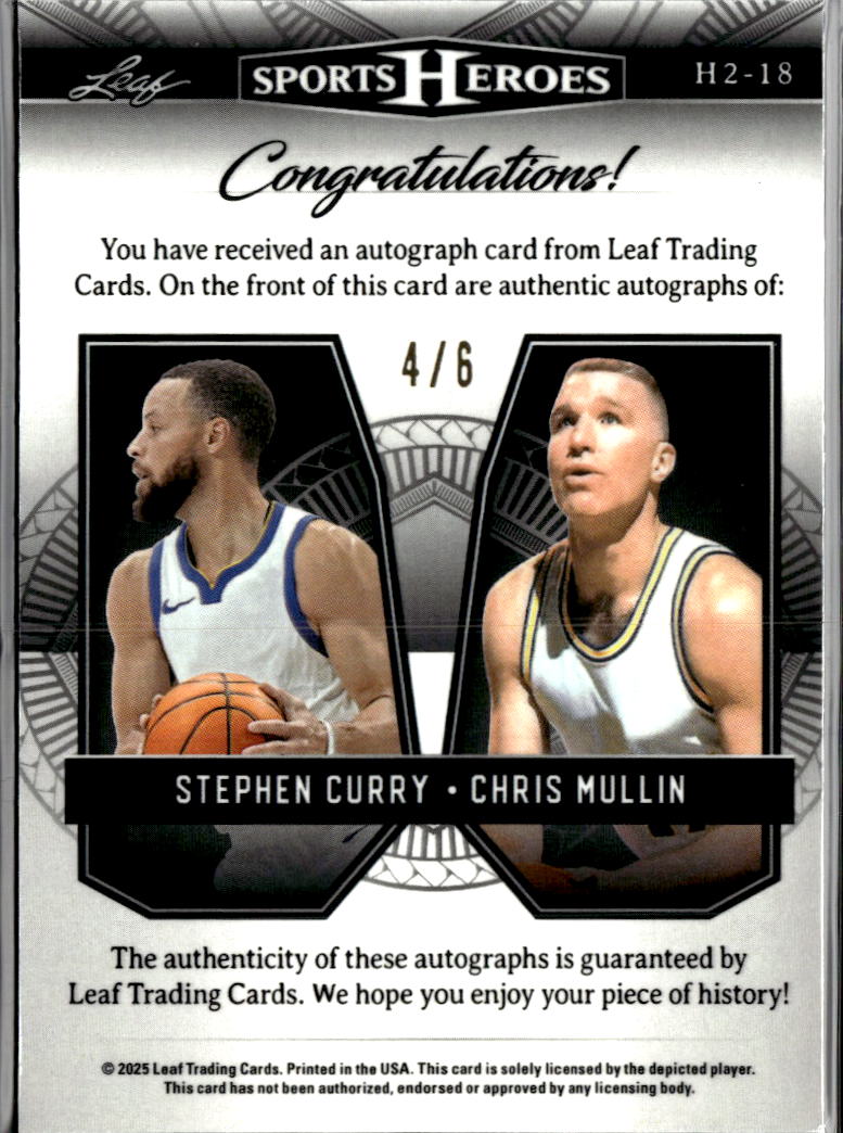 Stephen Curry Chris Mullin 2025 Leaf Sports Heroes Auto Autograph Warriors 4/6