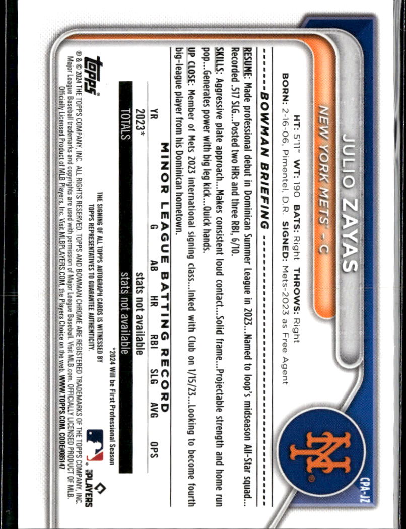 Julio Zayas 2024 Bowman Chrome 1st Auto Autograph 123/250 New York Mets