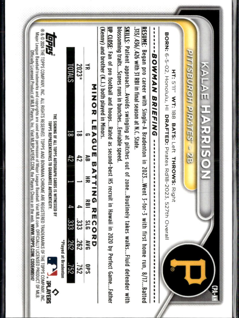 Kalae Harrison 2024 Bowman Chrome 1st Auto Autograph 169/250 Pittsburgh Pirates