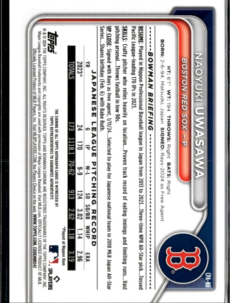 Naoyuki Uwasawa 2024 Bowman Chrome 1st Auto Autograph /250 Boston Red Sox