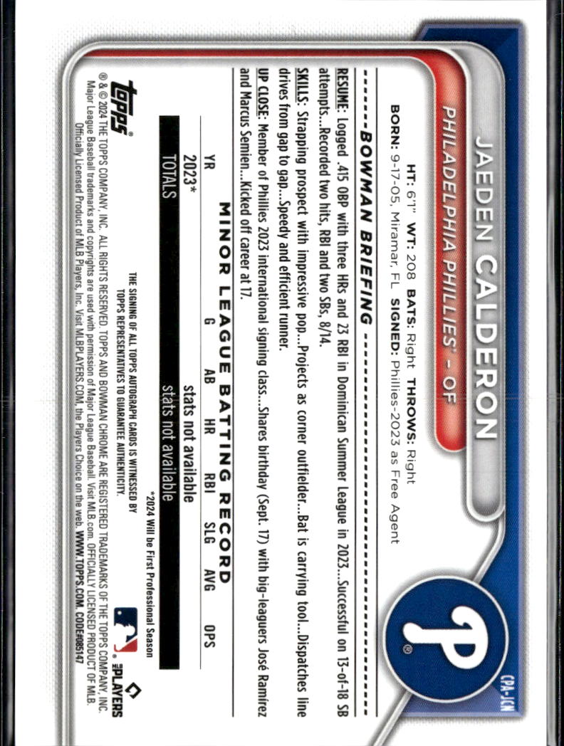 Jaeden Calderon 2024 Bowman Chrome 1st Auto Autograph /250 Philadelphia Phillies