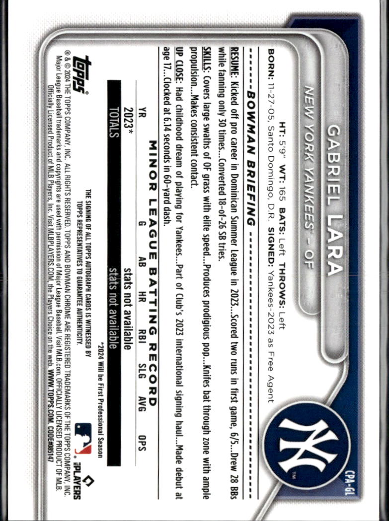 Gabriel Lara 2024 Bowman Chrome 1st Auto Autograph 248/250 New York Yankees