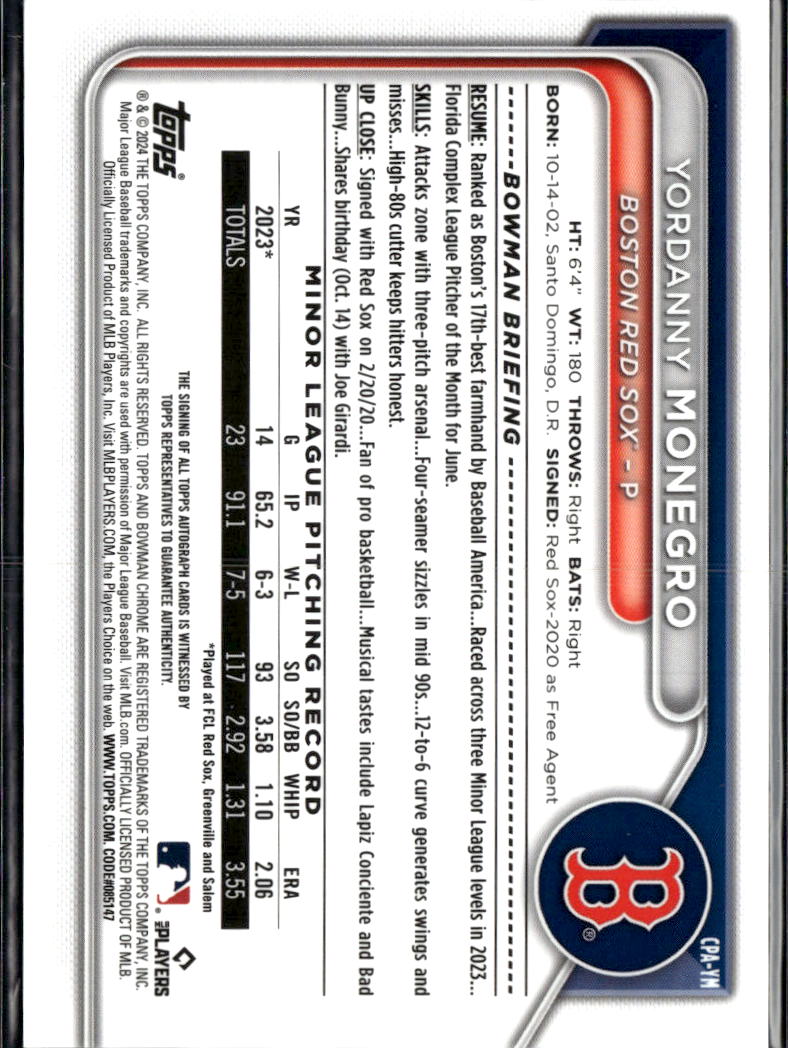 Yordanny Monegro 2024 Bowman Chrome 1st Auto Autograph 69/250 Boston Red Sox
