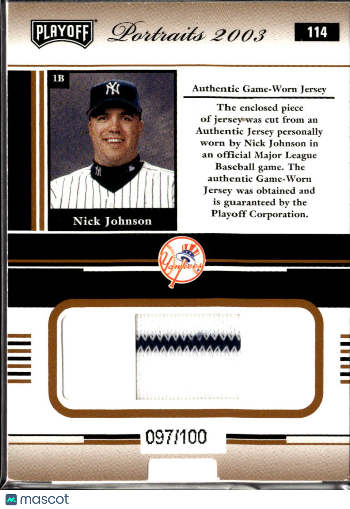 Nick Johnson 2003 Playoff Portraits Game Worn Patch 97/100 New York Yankees
