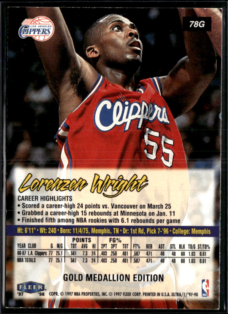Lorenzen Wright 1997 Fleer Ultra Gold Medallion Edition Los Angeles Clippers