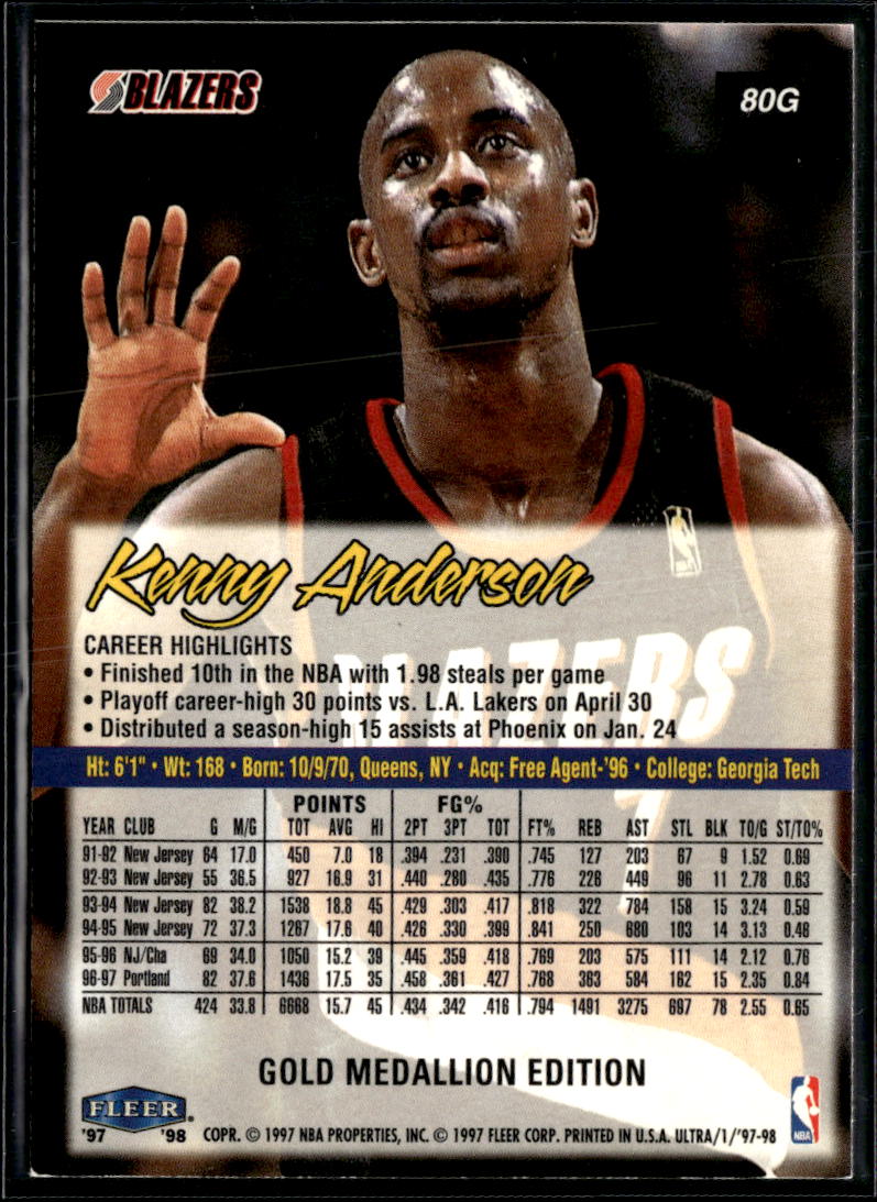Kenny Anderson 1997 Fleer Ultra Gold Medallion Portland Trail Blazers